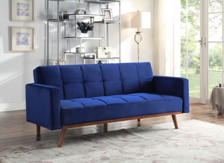 Acme Blue Velvet & Natural Finish Tanitha Futon