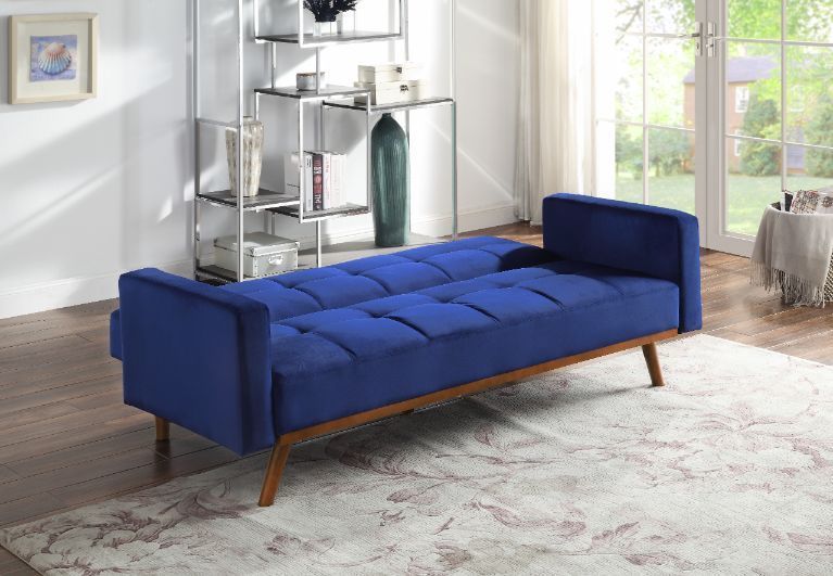 Acme Blue Velvet & Natural Finish Tanitha Futon