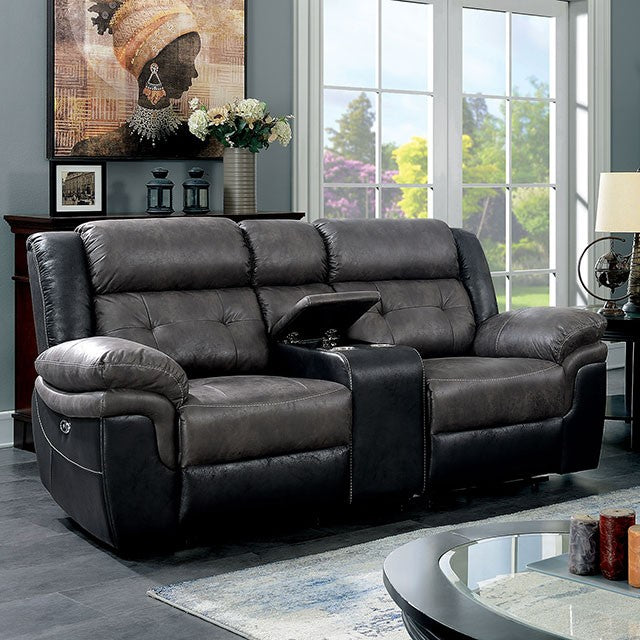 Furniture of America BROOKDALE SOFA Tufted Back Cushions & Storage Console Stainless Steel Cup Holders