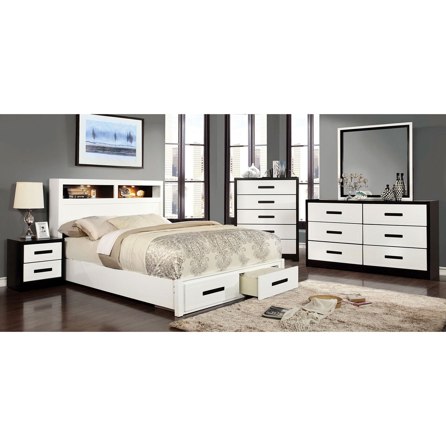 RUTGER White/Black 5 Pc. Queen Bedroom Set w/ 2NS image