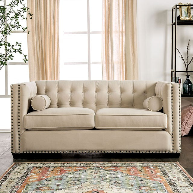 Furniture of America ELLIOT SOFA Tapered Wooden Legs & Bolster Pillows Included Nailhead Trim