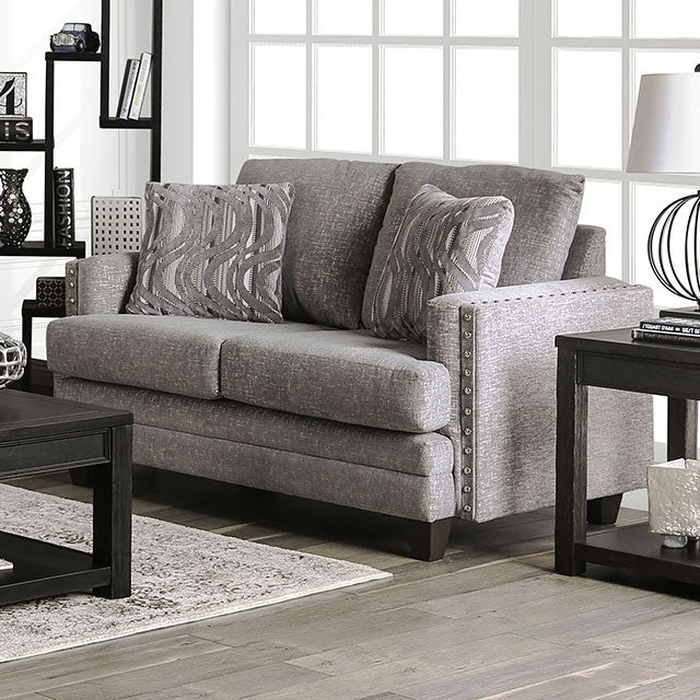 Furniture of America EMELIE SOFA Tapered Block Legs & Individual Chrome Nailheads Pillows Included