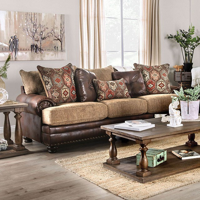 Furniture of America FLETCHER SOFA Round Bun Feet, Rolled Arms, Loose Back Pillows and Pillows Included