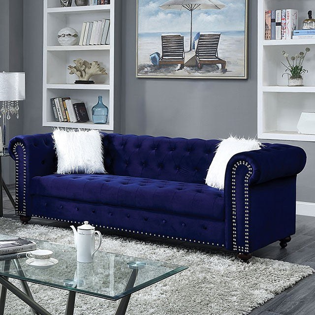 Furniture of America GIACOMO SOFA Rolled Armrests, Button Tufted & Nailhead Trim Pillows Included