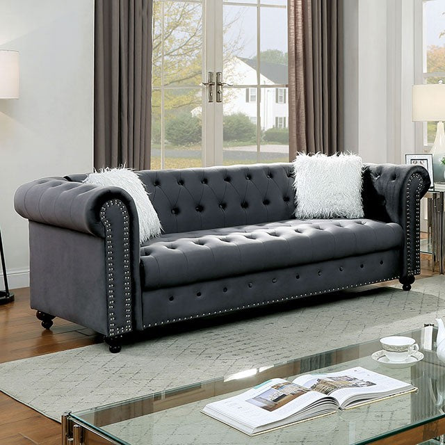 Furniture of America GIACOMO SOFA Rolled Armrests, Button Tufted & Nailhead Trim Pillows Included