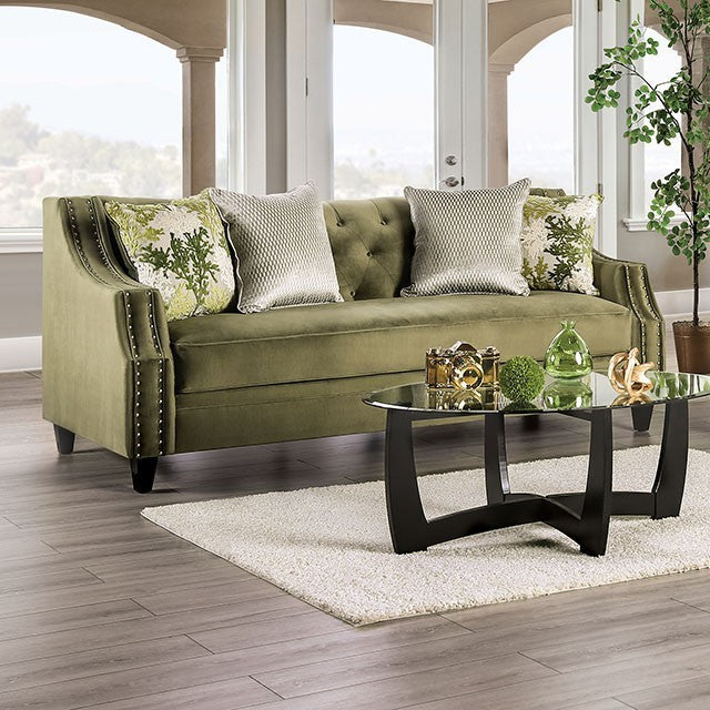 Furniture of America KAYE SOFA Tapered Legs, Individual Nailhead Trim & Bench Cushion