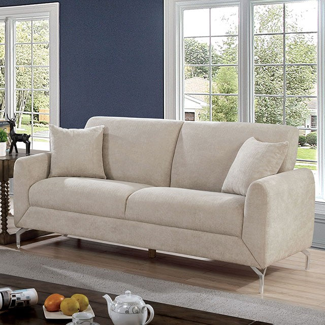 Furniture of America LAURITZ SOFA  Round Padded Arms, Stainless Steel Legs Pillows Included