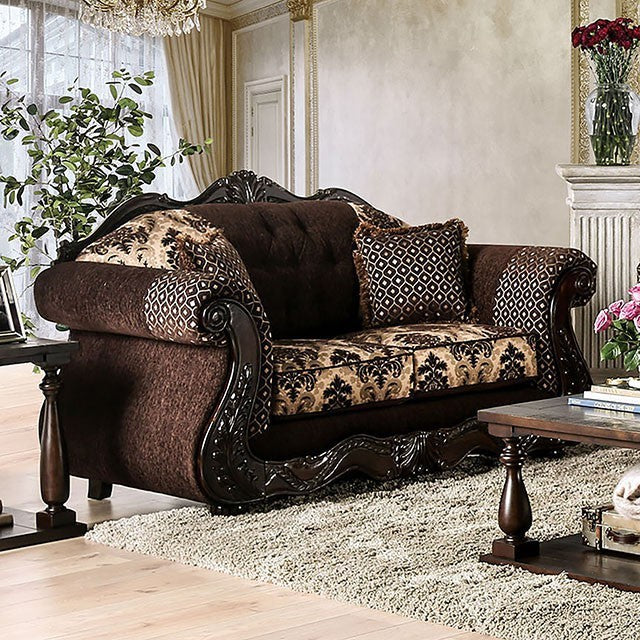 Furniture of America RONJA SOFA DarK Brown Welting & Rolled Arms With Wood Trim Round Bun Feet