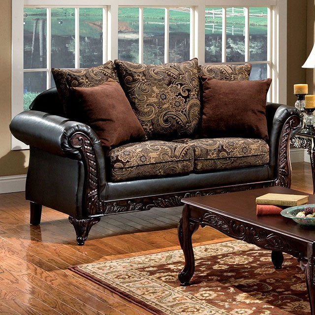 Furniture of America ROTHERHAM LOVE SEAT Intricate Wood Trim & Fabric & Leatherette US-Made (Incl. Foreign Materials)