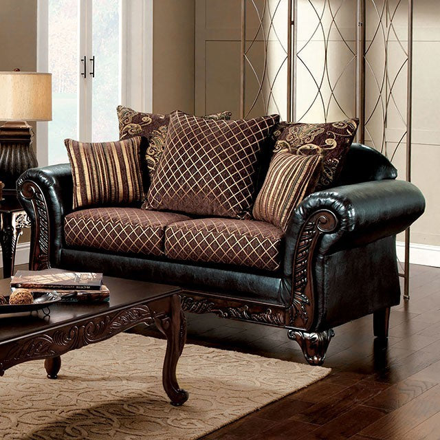 Furniture of America SAN ROQUE LOVE SEAT Pillows Included & Intricate Wood Trim US-Made (Incl. Foreign Materials)