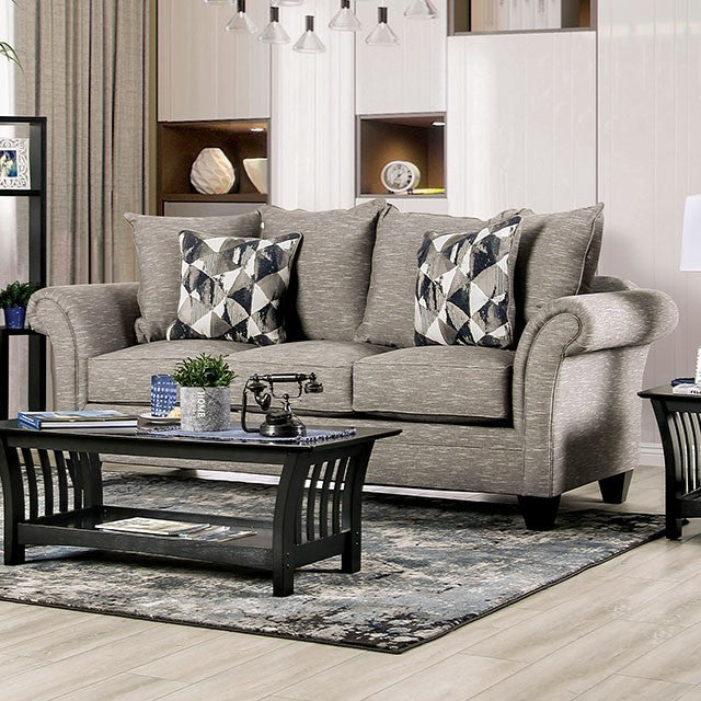 Furniture of America SHELLY SOFA Small Weave Chenille, Solid Wood & Rolled Arms Pillows Included