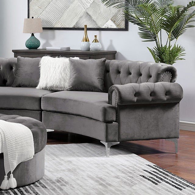 Furniture of America SOPHRONIA SECTIONAL Faux-fur Pillows & Chrome Metal Legs Optional Round Ottoman