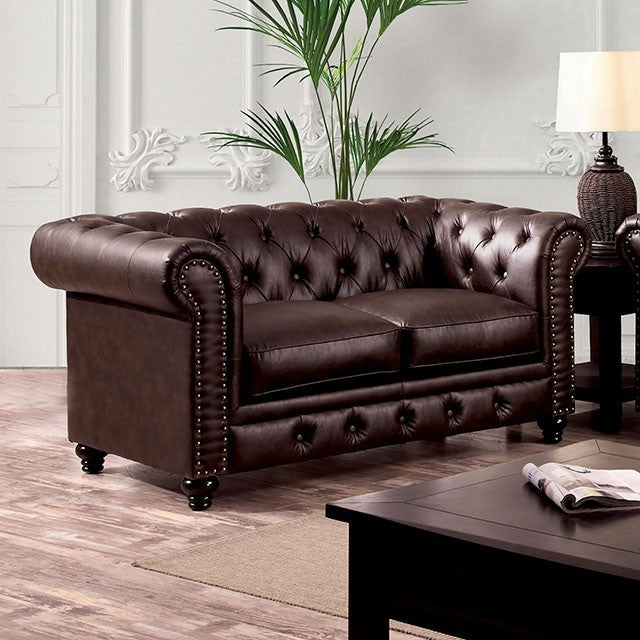 Furniture of America STANFORD LOVE SEAT Chesterfield-Inspired & Rolled Arms Nailhead Trim