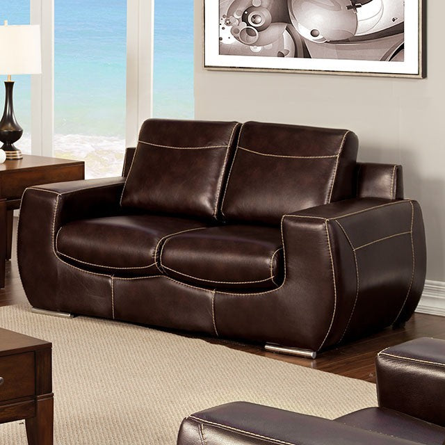 Furniture of America TEKIR LOVE SEAT Chrome Legs & Contrasting Stitching Bonded Leather