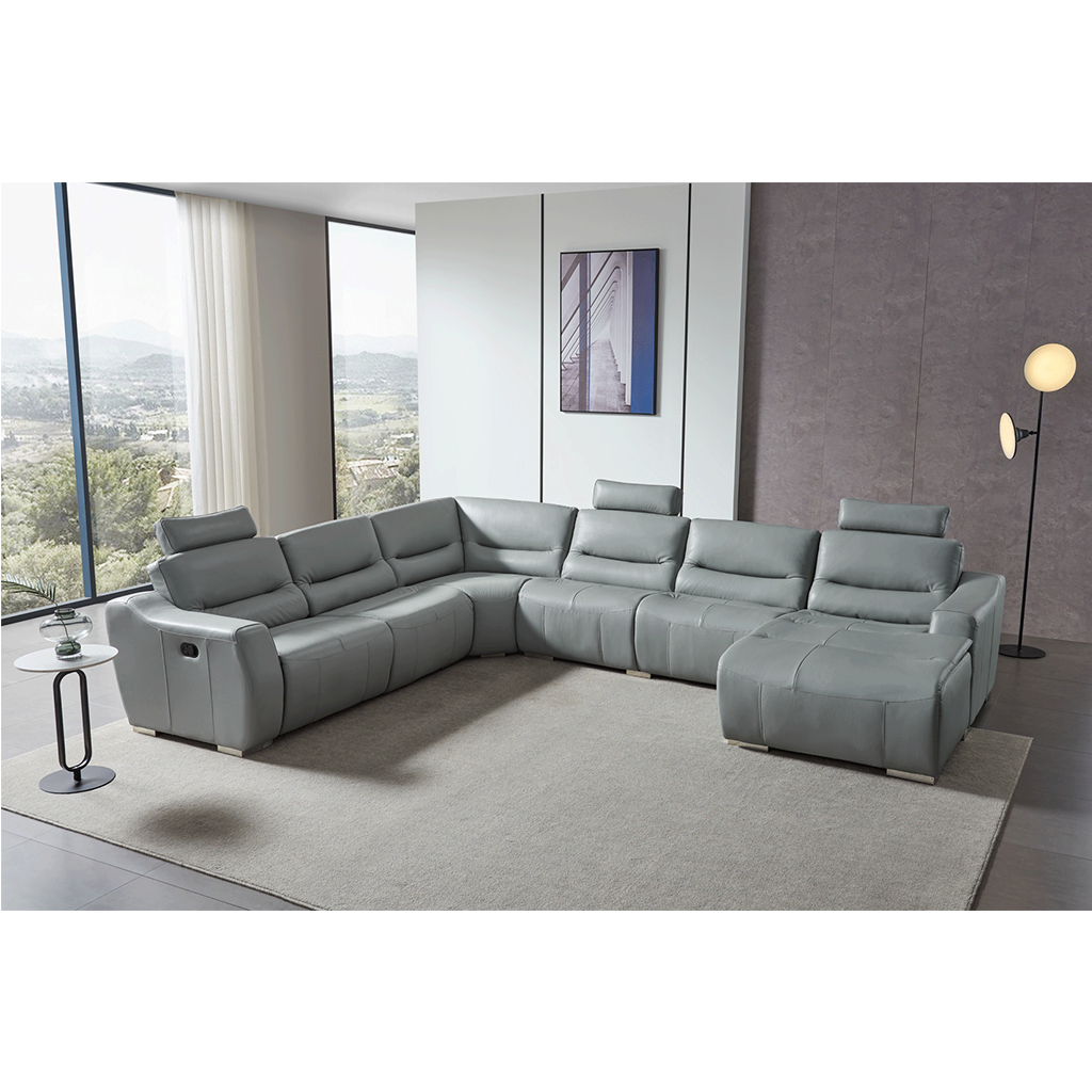 ESF 2144 GREY Top-grain Leather Sectional Sofa w/1 recliner