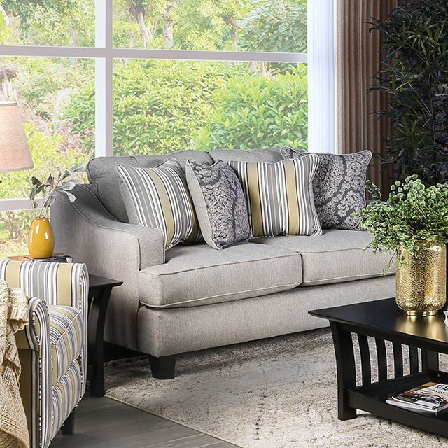 Furniture of America WILKIE LOVESEAT Fitted Back Pillows &  Wooden Block Legs Pillows Included