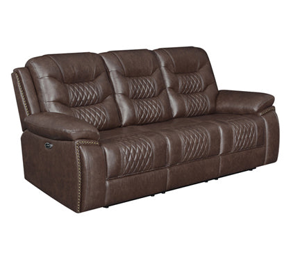 Coaster Flamenco Tufted Upholstered Motion Sofa Brown| Breathable performance leatherette| Width: 89.25 in Depth: 39 in Height: 40.75 in