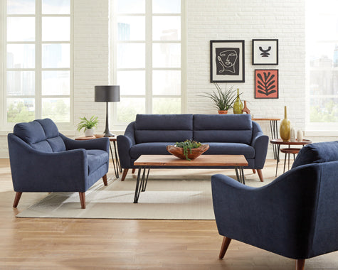 Coaster Gano Sloped Arm Upholstered Sofa Navy Blue| Woven Fabric| Mid-century Modern Style| Width: 83 in Depth: 36.25 in Height: 35 in