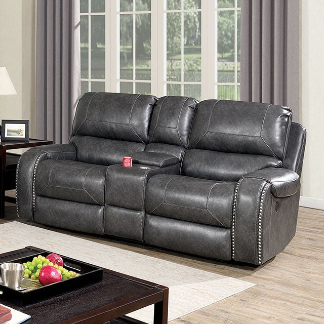 Furniture of America WALTER LOVE SEAT Love Seat w, Storage and Cup holders, Glider Recliner & Nailhead Trim