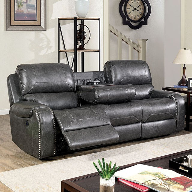 Furniture of America WALTER POWER SOFA  Leatherette, Solid Wood, Sofa w, Cup holders in Drop-down Table, USB Outlets and Nailhead Trim