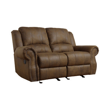 Coaster Sir Rawlinson Rolled Arm Glider Loveseat With Nailhead Trim Buckskin Brown |Width: 67 in Depth: 39 in Height: 40 in |Performance faux suede