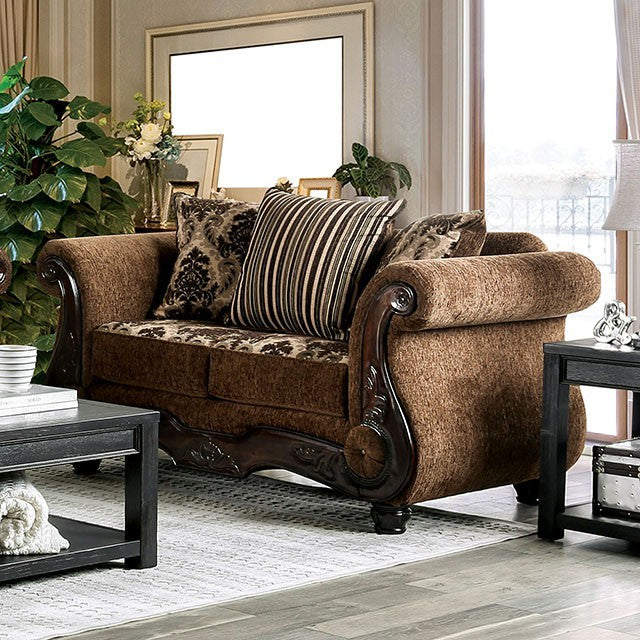 Furniture of America TILDE LOVE SEAT Brown Welting, Rolled Arms With Wood Trim & Bun Feet Pillows Included