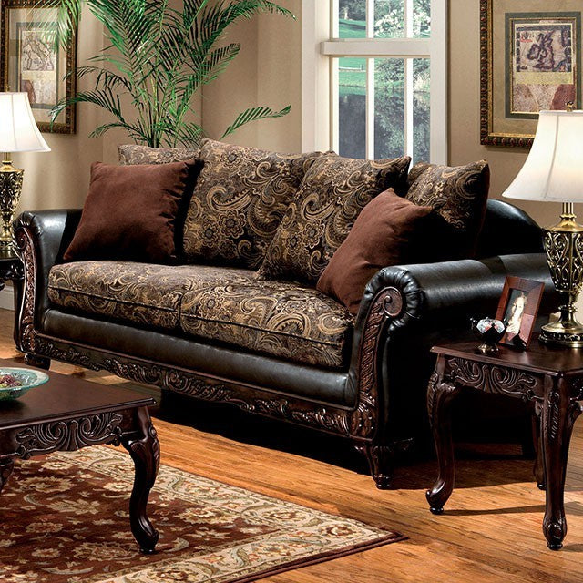 Furniture of America ROTHERHAM SOFA Intricate Wood Trim, Fabric & Leatherette and Pillows Included